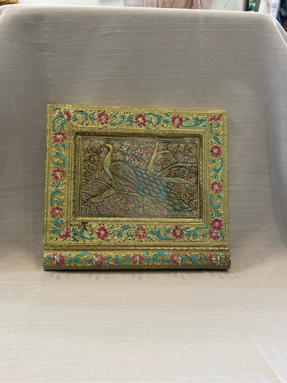 Vintage Ornate Gold Peacock Wall Plaque with Teal and Pink Accents Key Holder